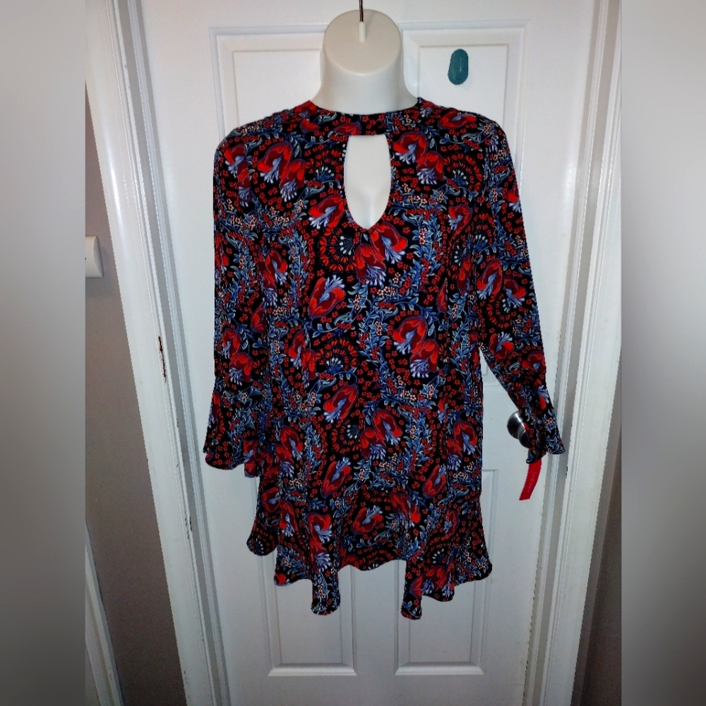 🆕️Xhiliration Dress XXL  Black Red Flower Ruffle Boho Shift Long Sleeve NWT